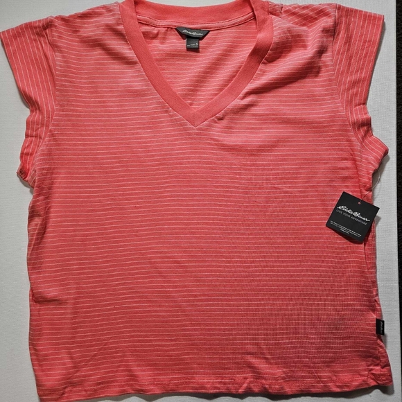 Eddie Bauer Womens Blouse Small‎ Coral White Sport Casual Summer V-Neck Stretch - Picture 1 of 8